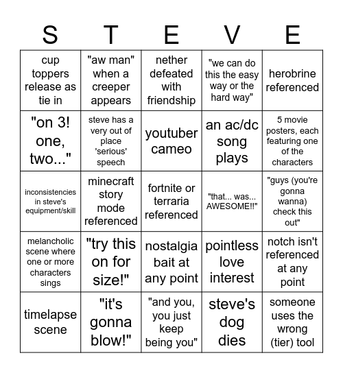 minecraft movie bingo Card