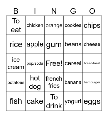 English - Exploratory Unit 5 Foods/Drinks Bingo Card