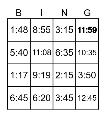 What time is it? Bingo Card