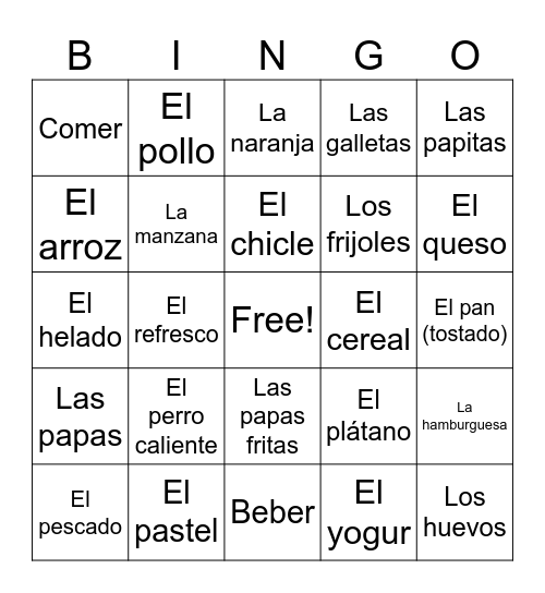 Spanish - Exploratory Unit 5 Foods/Drinks Bingo Card