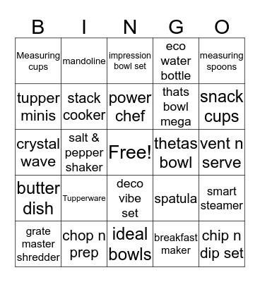 Tupperware Bingo Card