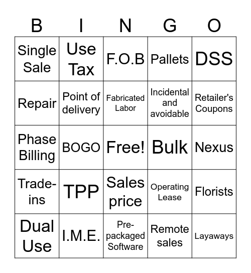 SUTLA Bingo Game #2 Bingo Card