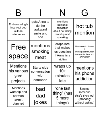 Josh sermon bingo Card