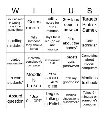 Wilusz ENG Bingo Card