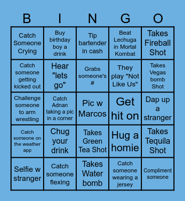 Marcos' Birthday Bar Crawl Bingo Card