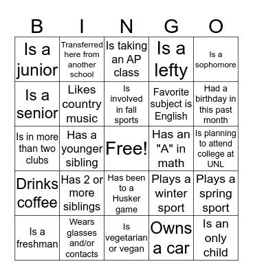 Student Assembly Bingo Card