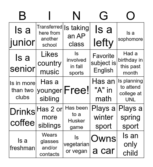 Student Assembly Bingo Card