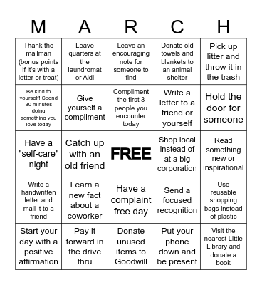March Kindness 2025 Bingo Card