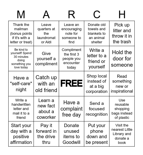 March Kindness 2025 Bingo Card