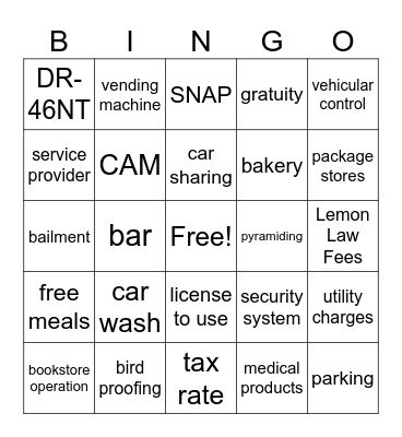 SUTLA Bingo Game #1 Bingo Card