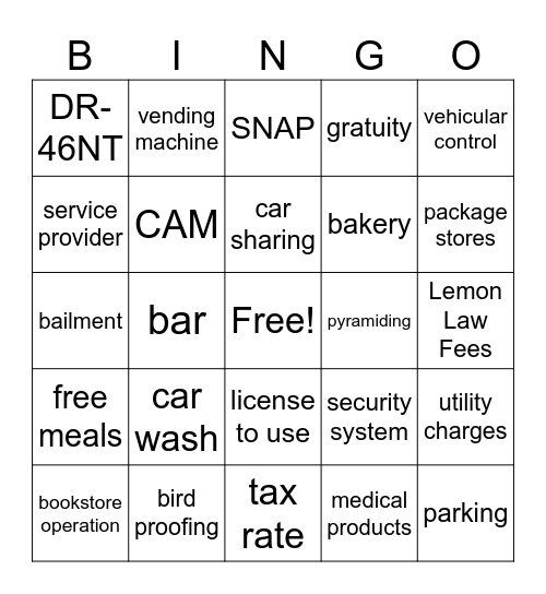SUTLA Bingo Game #1 Bingo Card