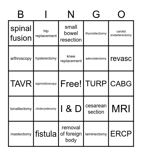 Perianesthesia BINGO Card