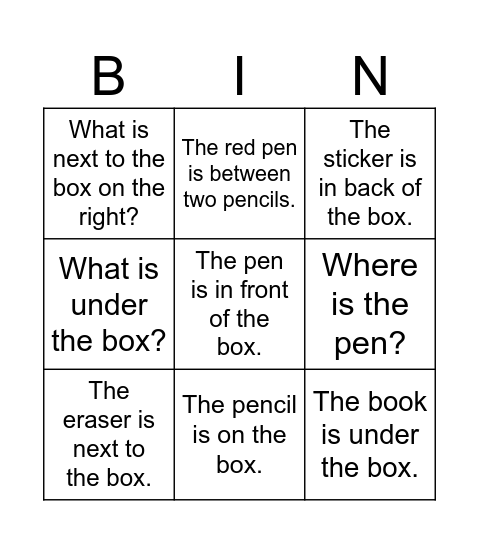 NC in on under etc. Bingo Card