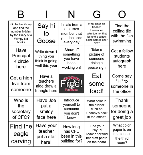 Get 5 in a Row and turn in to the Office for a prize! Bingo Card