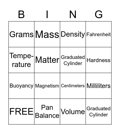 Physical Properties Bingo Card