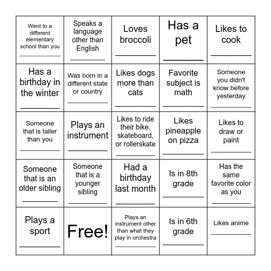 Classmate Scavenger Hunt Bingo Card