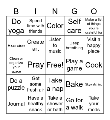 Coping Skills Bingo Card
