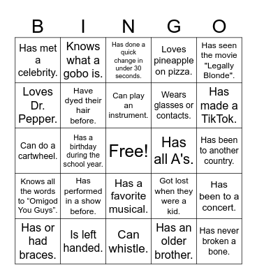 Musical Theatre Bingo Card
