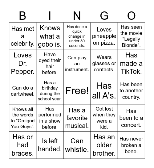 Musical Theatre Bingo Card