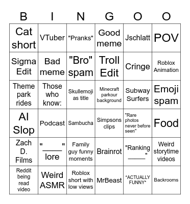YouTube Shorts Bingo Card