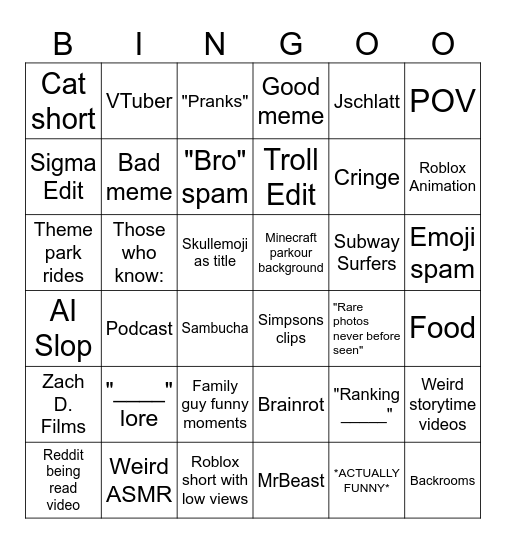 YouTube Shorts Bingo Card