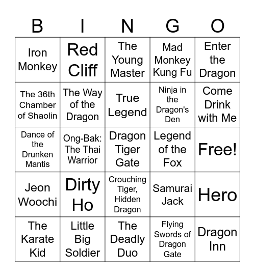 Kung fu Bingo Card