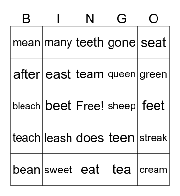 ee/ea words Bingo Card