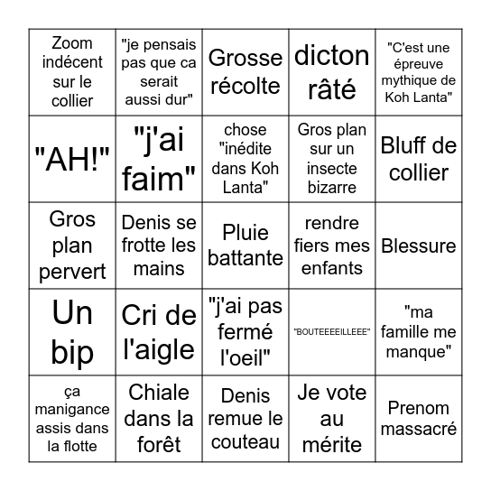 Koh Lanta Bingo Card