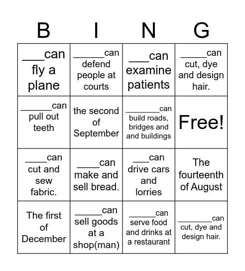 jobs and ordinal numbers Bingo Card