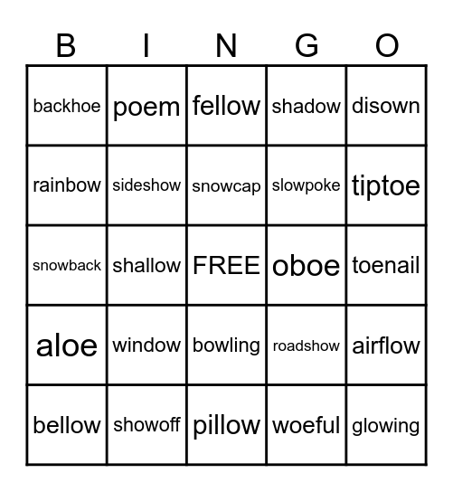 OU and OE Words Bingo Card