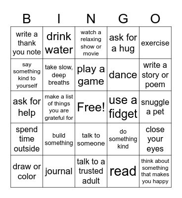 Coping Skills Bingo Card