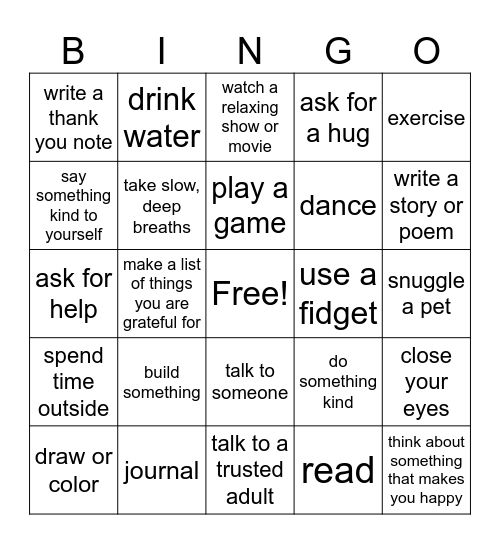 Coping Skills Bingo Card
