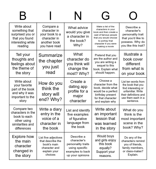Independent Reading Bingo Card