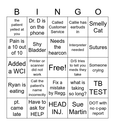 Occ. Health Bingo Card