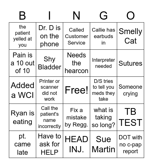 Occ. Health Bingo Card