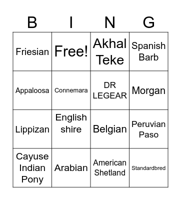 Horse Breeds Bingo Card