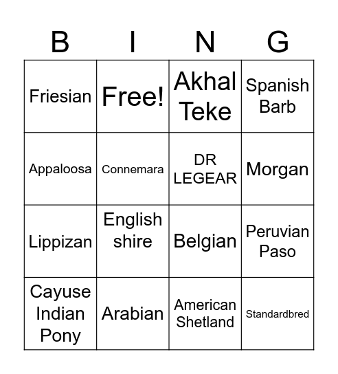 Horse Breeds Bingo Card