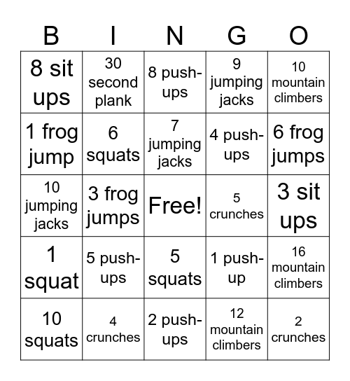 Fitness Bingo Card