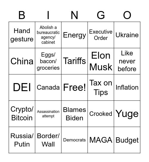 2025 SOTU/Trump Joint Session Address Bingo Card