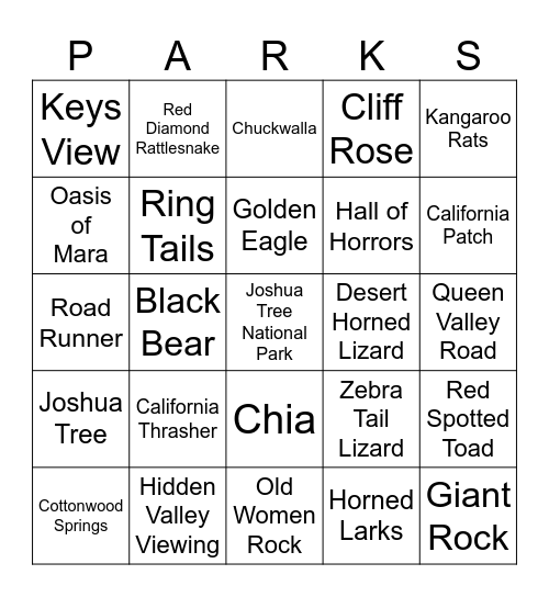 Joshua Tree National Park Bingo Card
