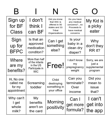 WIC Clinic Bingo Card