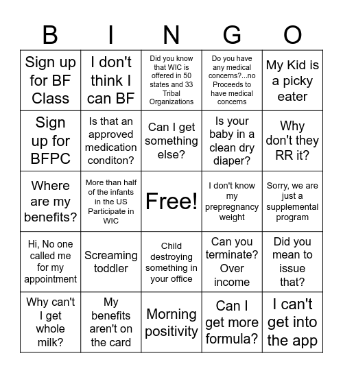 WIC Clinic Bingo Card