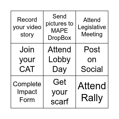 MAPE Lobby Day Action Bingo Card