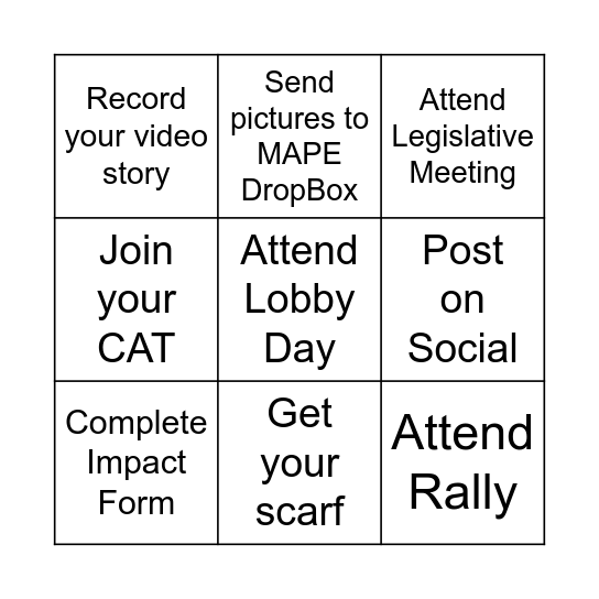 MAPE Lobby Day Action Bingo Card