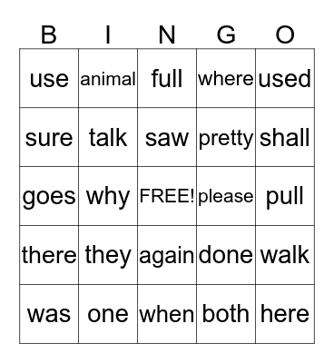Sight Words Bingo Card