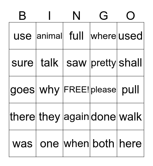 Sight Words Bingo Card
