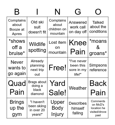 Wes Went Skiing! Bingo Card