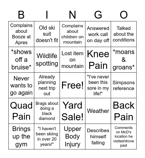 Wes Went Skiing! Bingo Card