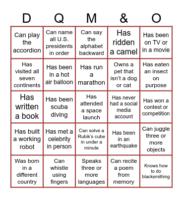 M&O + DQ + Friends Bingo Card