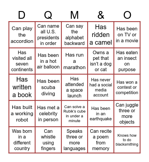 M&O + DQ + Friends Bingo Card
